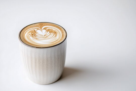 A creamy oat latte crowned with frothy foam, elegantly presented in a chic ceramic cup against a pristine backdrop, ideal for coffee enthusiasts.