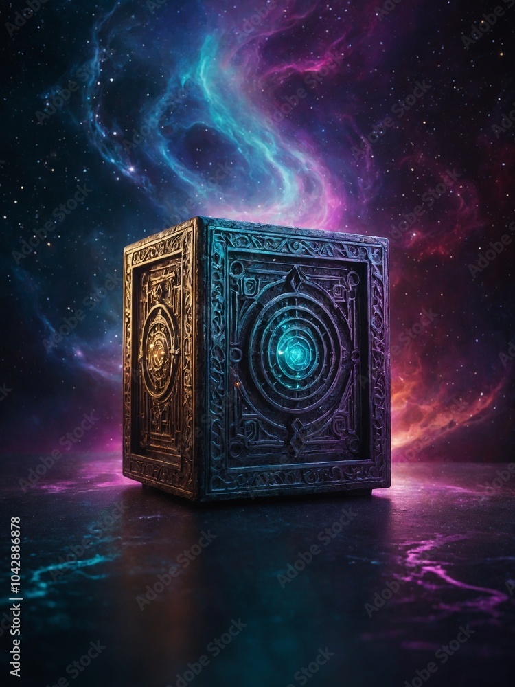 Poster large, ornate, glowing cube-shaped object with intricate designs and central gemstone-like element, 
