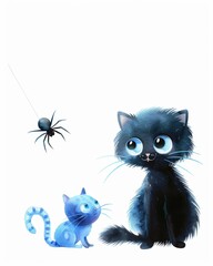 Obraz premium Whimsical featuring a cute black cat and a playful blue kitten admiring a spider. Perfect for children's decor and educational materials.