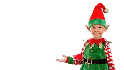 Christmas elf is a small person that lives with Santa Claus at the North Pole and acts as his helper making toys and wears green or red, with large, pointy ears and wearing long pointy hats. Isolated