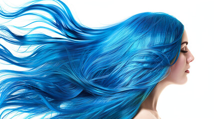 Naklejka premium A woman with long blue hair is shown with a white background