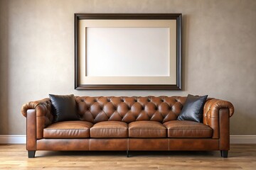 description: Black picture frame hanging above sofa mockup