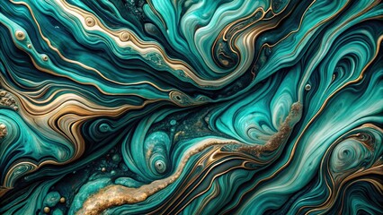 Obraz premium Low angle abstract teal and black art featuring marble swirls and agate ripples, luxurious and natural wallpaper with gold powder
