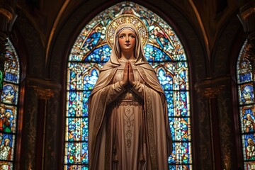 Saint Anna radiates grace within a beautifully adorned church, where intricate stained glass highlights her embodiment of faith and community devotion.