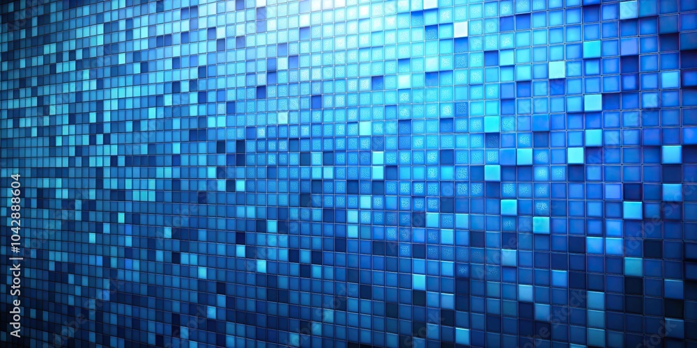 Poster low angle background with random pixelated blue squares