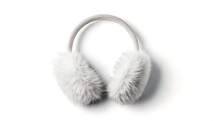 White Fuzzy cold weather thermal earmuffs ear muff worn for protection from the cold freezing temperature outside or outdoor used to warm the ears only.  Isolated on white background with copy space