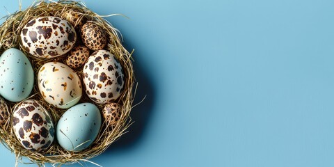 Obraz premium Easter Eggs in Nest on Blue Background Spring Holiday Decoration