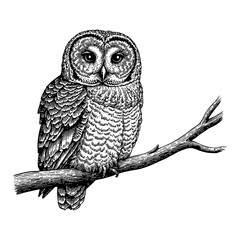 Detailed Owl Perched on Branch in Vintage Black and White Outline Line Art Drawing