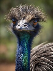 Adult emu with its distinctive large eyes, long neck, and fluffy gray feathers