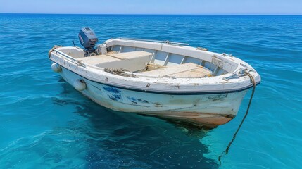 Small White Fishing Boat Moored in Clear Blue Water