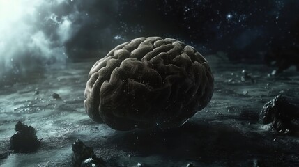 Brain in space, cosmic background, surreal landscape, dark asteroids, stars