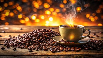 Obraz premium Coffee Cup with Aromatic Beans on Rustic Table - Perfect Product Photography for Coffee Lovers and Enthusiasts, Showcasing Warmth and Comfort in Every Sip