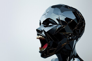 Fototapeta premium Abstract black head sculpture with sharp metallic teeth.