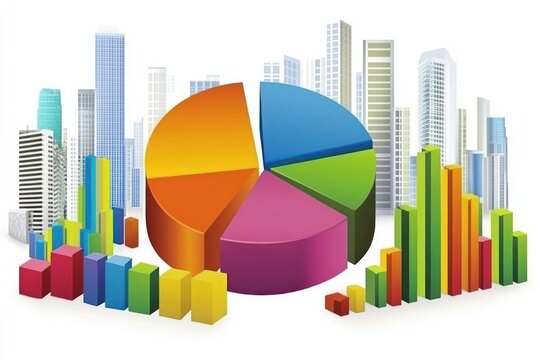 A colorful pie chart and bar graphs set against a city skyline, illustrating data analysis.