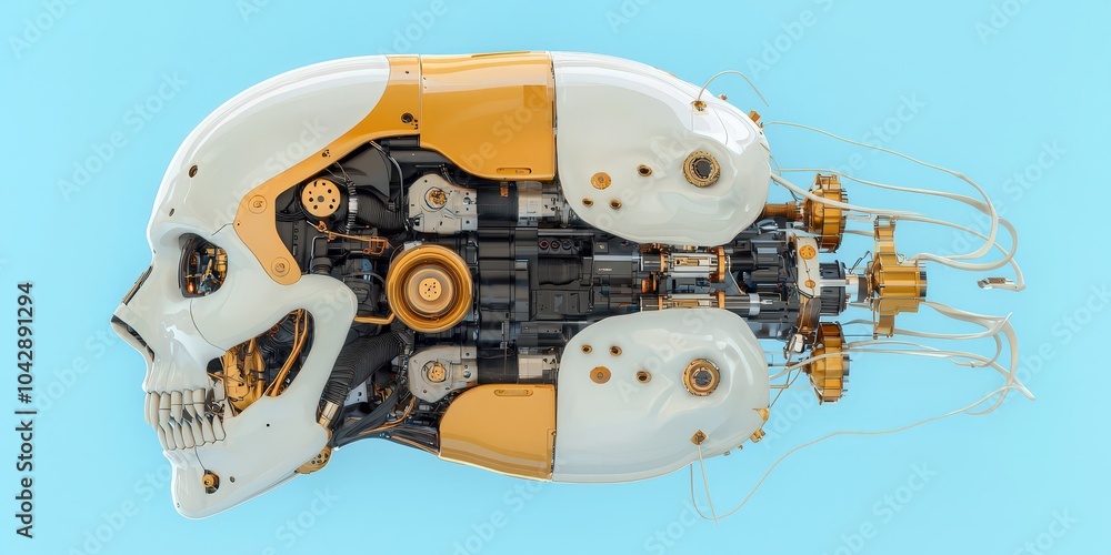 Poster futuristic skull robot with mechanical details cyborg ai artificial intelligence tech