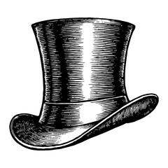 Vintage Top Hat Black and White Outline Line Art Drawing with Detailed Etching Style