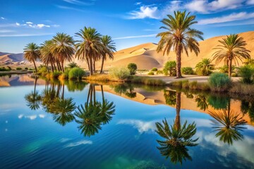 Desert oasis with lake and palm trees