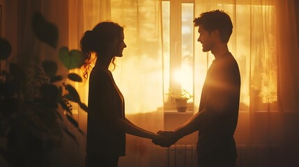 The gentle light of the morning casts a warm glow on a couple holding hands by the window symbolizing their emotional closeness