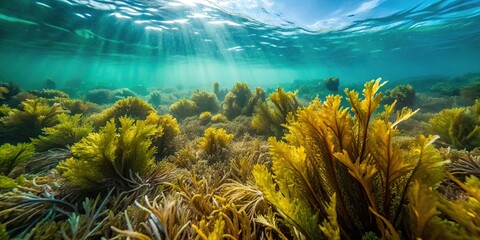 Obraz premium Forced perspective underwater shot of sea chervil, kelp, and seagrass on the Scottish coast