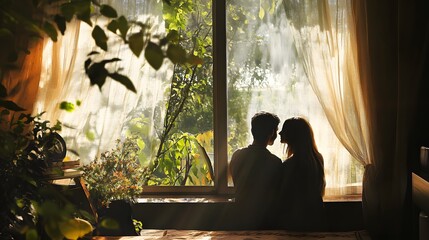 The couple's peaceful morning moment by the window is enhanced by gentle light highlighting their affectionate connection