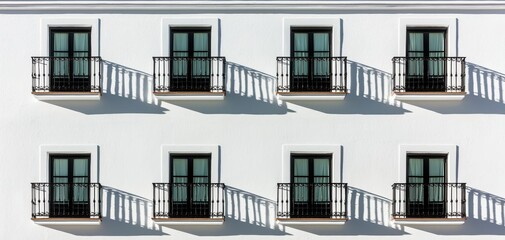 Obraz premium Black and white image of a historic building s facade with ornate balconies and shadows, showcasing classic European architecture and timeless elegance