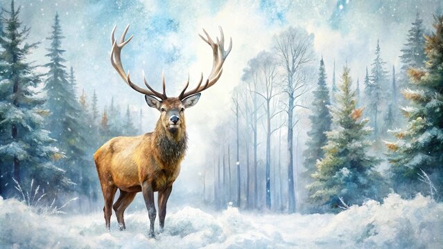 Low angle majestic elk in snowy watercolor forest wildlife in winter wonderland on white background