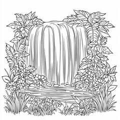 A magical waterfall in a mystical rainforest, coloring page for kids, simple outline illustration. Coloring book, simple lines.
