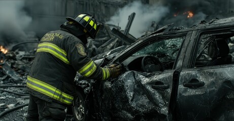 Obraz premium Close-up of firefighters cutting into a wrecked car, smoke rising, highlighting the critical nature of rescue work in high-pressure accident situations