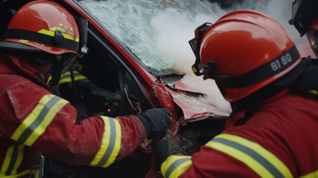Close-up of firefighters cutting into a wrecked car, smoke rising, highlighting the critical nature of rescue work in high-pressure accident situations