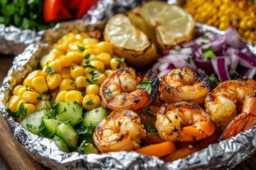 An Overhead Shot Of Various Tin Foil Food Packets On A Grill, Showcasing Colorful Ingredients Like Shrimp, Corn, And Bell Peppers, Each Carefully Folded And Ready For Cooking