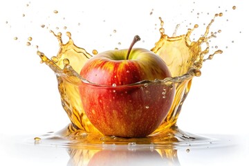 Low angle photo of a splash juice with apple isolated on white background