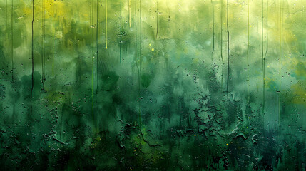 Obraz premium Vibrant green abstract art featuring textured layers and colorful drips in soft light