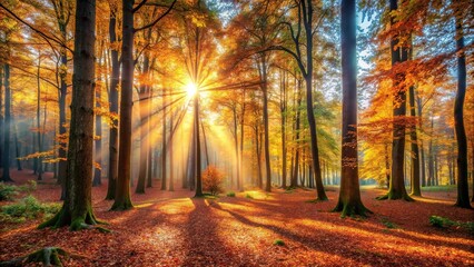 Forest scene with autumn colors and sunlight filtering through the trees
