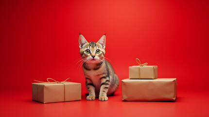 A curious tabby kitten sitting between wrapped gifts on a bright red background, evoking a festive and playful atmosphere
