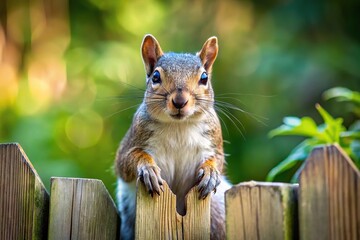 Curious squirrel perched on a wooden fence in garden macro shot - Powered by Adobe