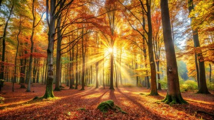 Obraz premium Forest scene with autumn nature and sunshine, panoramic view