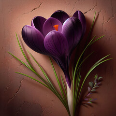 Fresh crocus flower with green leaves on concrete background..