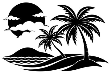 Beach Silhouette Vector Black and White Tropical Elements