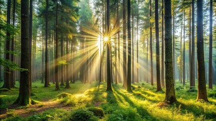 Obraz premium Forest with morning sunlight shining through the trees, Ray of Light