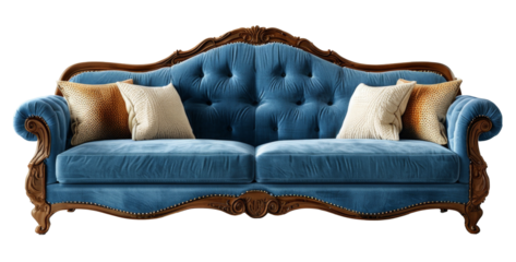 Big modern vintage blue sofa on the transparent background 