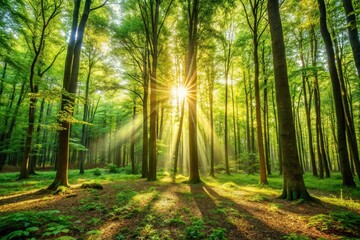 Obraz premium Forest with sunlight filtering through trees