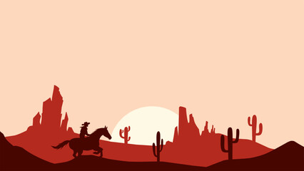 Landscape illustration of a cowboy riding a horse in the desert