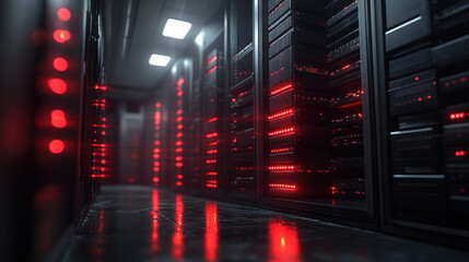 hyper realistic server room with glowing red lights creates dramatic atmosphere.