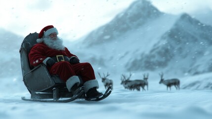 Naklejka premium Santa Claus in Sleigh with Reindeer on Snowy Mountains