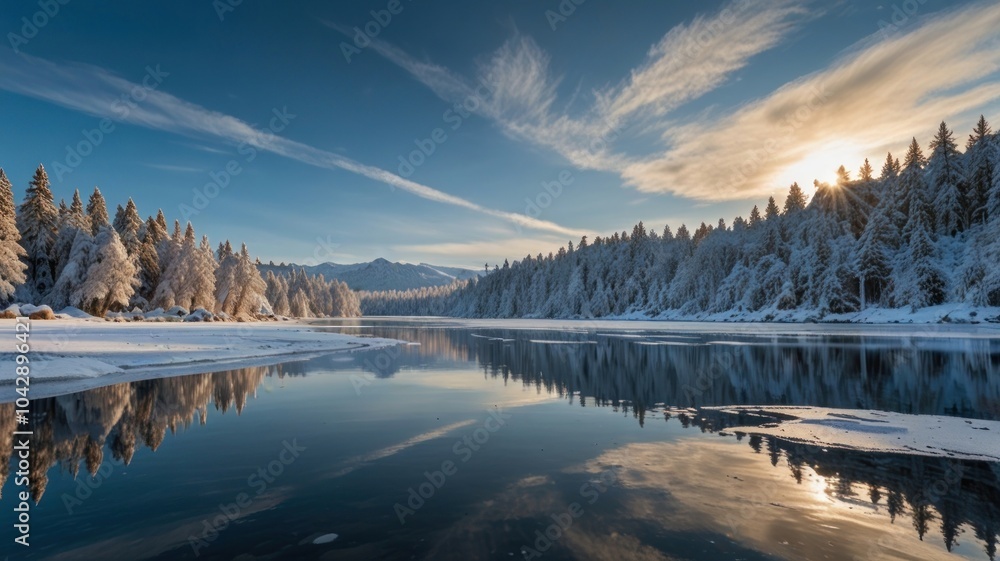 Poster a tranquil scene of a frozen lake in a snowy forest, with the sun setting over the trees, creating a