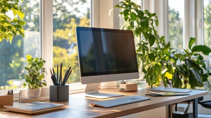 A clean and modern workspace with a desktop monitor, wireless keyboard