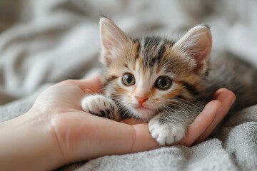 A small, playful kitten resting comfortably in a person's hand on a soft blanket indoors