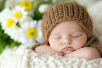 Newborn Baby In Spring Day