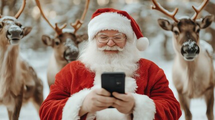 Santa attempting to fix a broken sleigh GPS, while reindeer impatiently tap their hooves and elves offer sarcastic help