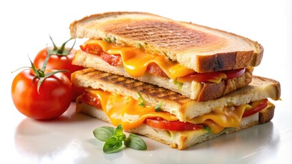 Delicious Tomato Grilled Cheese Sandwich on White Background, Perfect for Food Blogs, Menus, and Culinary Promotions